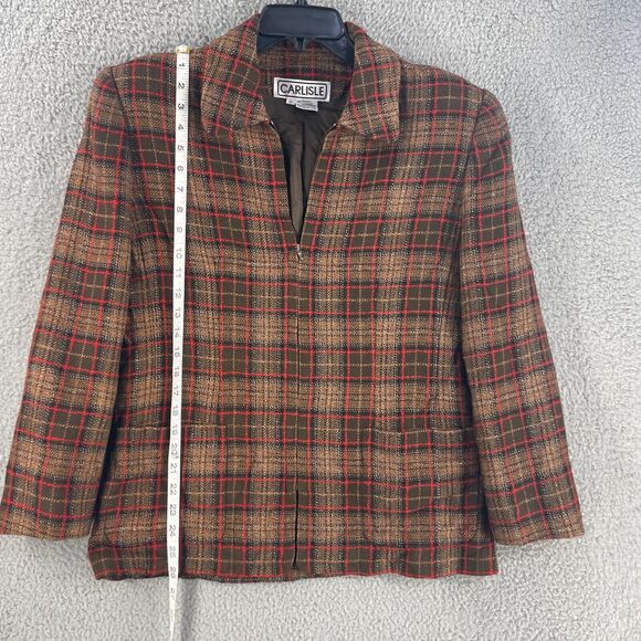 Vtg Carlisle Womens Blazer Jacket Wool Blend Tweet Plaid Sz 12 Zip Boho Office - Picture 2 of 10